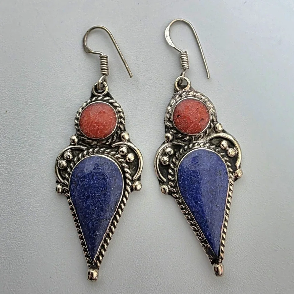 India Tibetan Handmade Dangle Lapis And Coral Gemstone Earrings Boho Ethnic